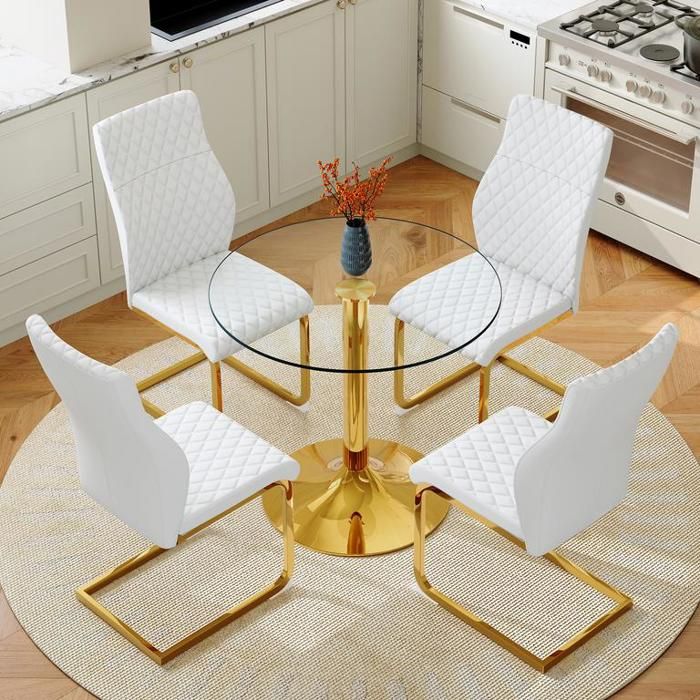 Table à manger avec 4 chaises blanches et dorées Ensemble table et chaises ronde en verre trempé avec un pied en métal doré