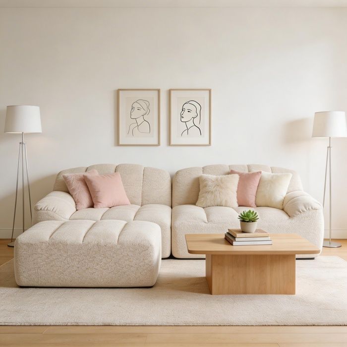 Canapé dangle modulaire - W3325P447158 - Velours côtelé blanc/beige - 2 places + pouf amovible - Mousse 32D