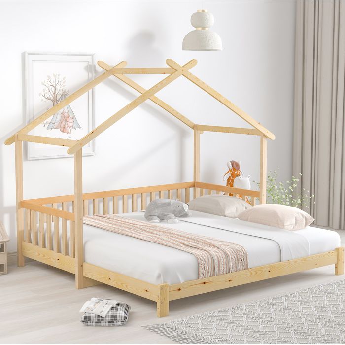 Lit cabane enfant extensible 90/180x200 cm en pin massif naturel avec barrière