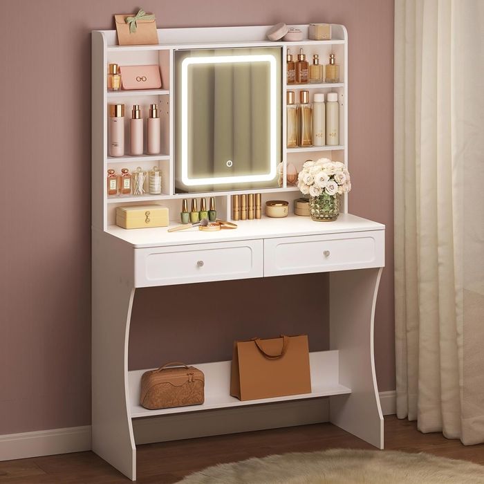 Coiffeuse WOLTU - Miroir LED avec Armoire dissimulée - Table de Maquillage Moderne - Blanc