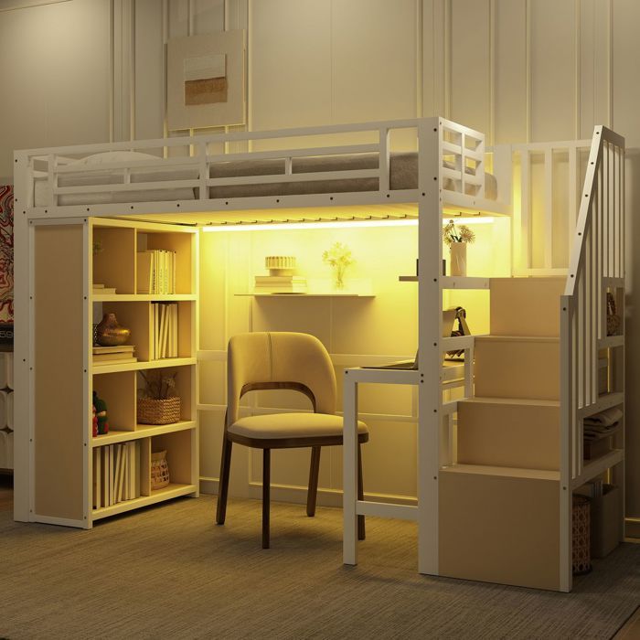 Lit combiné enfant - SOGEU - 90x200 - Structure métal robuste - Bureau - Escalier avec rangement - LED intégrée