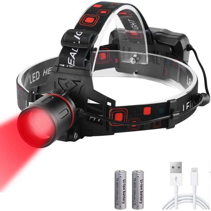 Lampe frontale LED rouge - Nosheir - Lumière rouge XML-T6 - Luminosité 1000 lumens - 3 modes: High-Low-Strobe