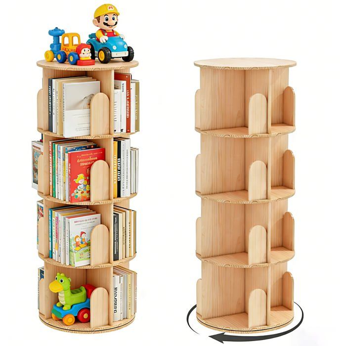Bibliotheque Rotative à 360 degrés Bibliotheque Bois Pour Chambre bureau Bureau Salon Étagère Pivotante à 4 Niveaux 46x46x129cm