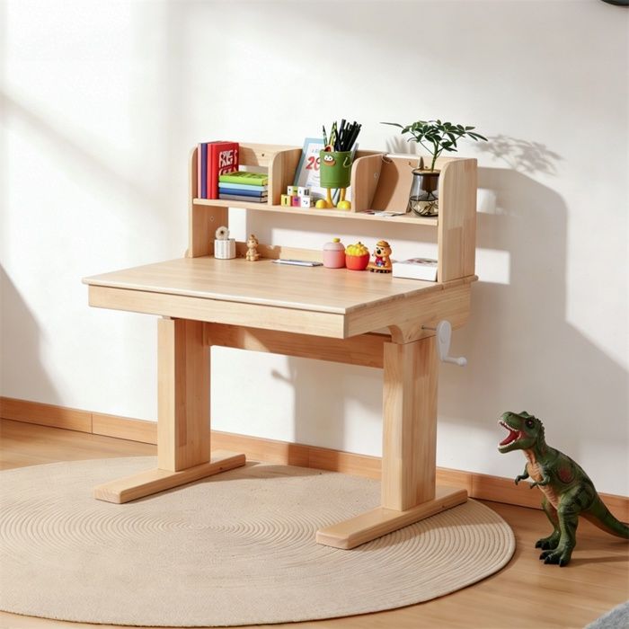 Bureau enfant inclinable et évolutif à manivelle en bois massif - table détude ergonomique avec étagère - Naturel