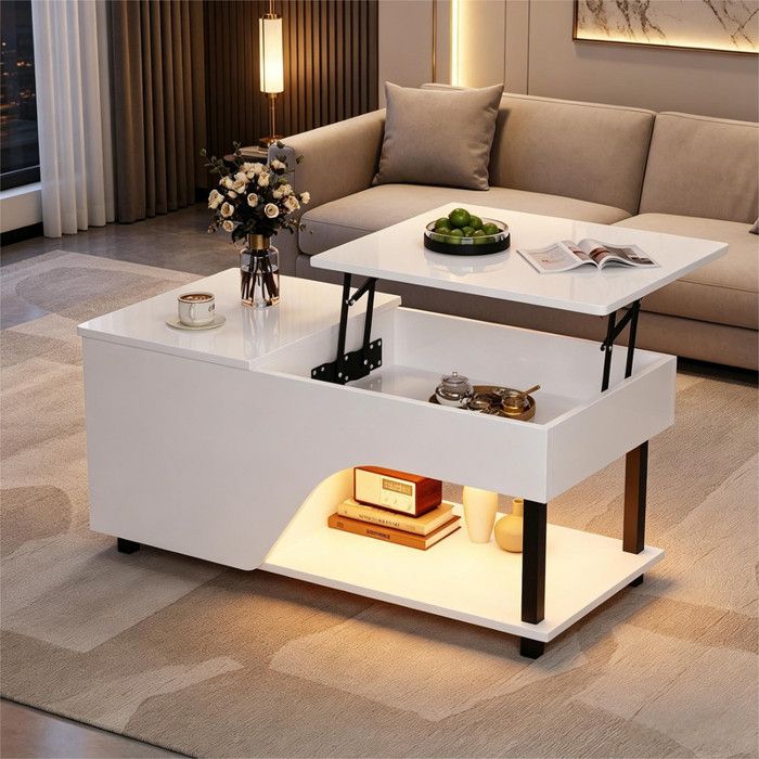 Table basse de salon réglable en hauteur 50x100x46 cm table dappoint rangement ajourée LED laquée brillante étagère latérale blanc