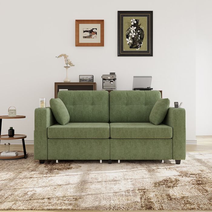Canapé 2 places 172 x 75 x 82cm Olive en chenille avec 2 tiroirs USB porte-gobelets poche latérales caché coin lecture salon maison