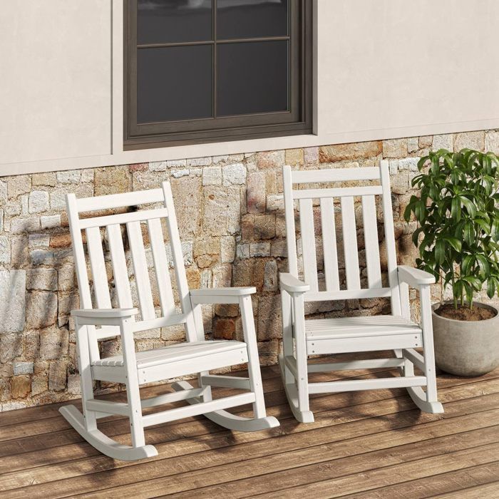 Lot de 2 Fauteuil à bascule extérieur HDPE dossier haut larges accoudoirs 4 lames droites imitation rocking-chair jardin blanc