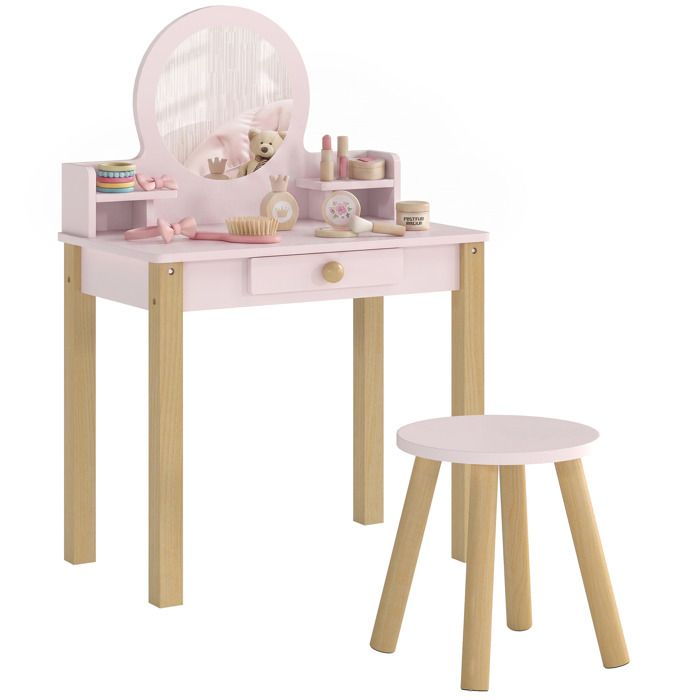 Coiffeuse enfant - AIYAPLAY - avec miroir et tabouret - tiroir de rangement - bois - 55 x 34 x 82 cm - rose