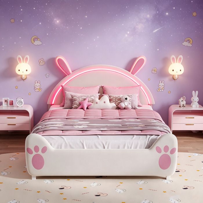 Lit enfant lapin 140x200cmlit double tête LED oreilles RGB patchs velcro DIY rangement sous lit velours doux chambre fille