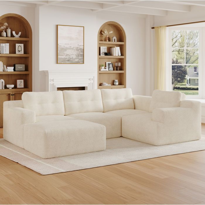 Canapé modulable 5 places en chenille beige avec pouf configuration L ou U structure sans cadre en mousse