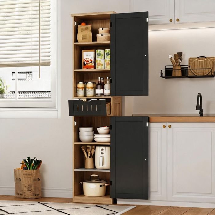 Buffet en MDF naturel et noir 170×40×30 cm 2 portes et 1 tiroir rangement flexible pour cuisine et salle à manger