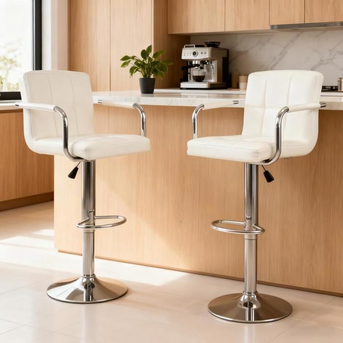 MIPAN. LOT DE 2 CHAISE DE BAR ROTATIVE À 360° AVEC ACCOUDOIRS DOSSIER 44*38*865-1075CM BLANC
