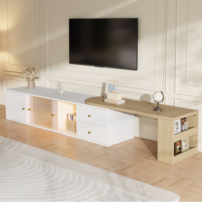 WOVREO Meuble TV extensible LED 175 x 40 x 35 5 cm 2 tiroirs verre coulissant blanc et bois naturel