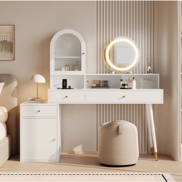 Coiffeuse L form de 3 tiroirs avec miroir LED USB Type C et 2 prises rangement en verre - ELVMI - Blanc 140 × 40 × 140 cm