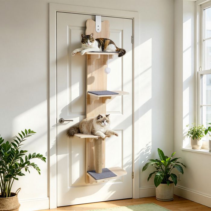 Arbre à Chat suspendu sur porte à 4 étages en bois griffoir sisal gain de place sans perçage charge max 10kg pour petit appt