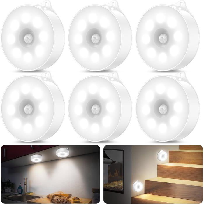 Lot de 6 éclairages LED sans fil à détection mouvement et luminosité 60 lumens 3 x AAA montage magnétique usage intérieur