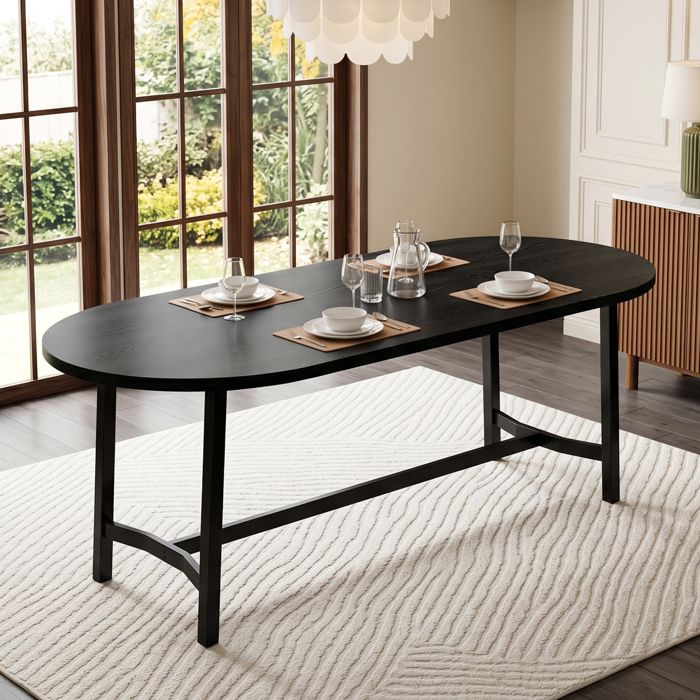 Table À Manger avec 1 Table Ovale à Coins Arrondis pour 6 à 8 Personnes - TCQPZ - Montage Simple - MDF et Noir