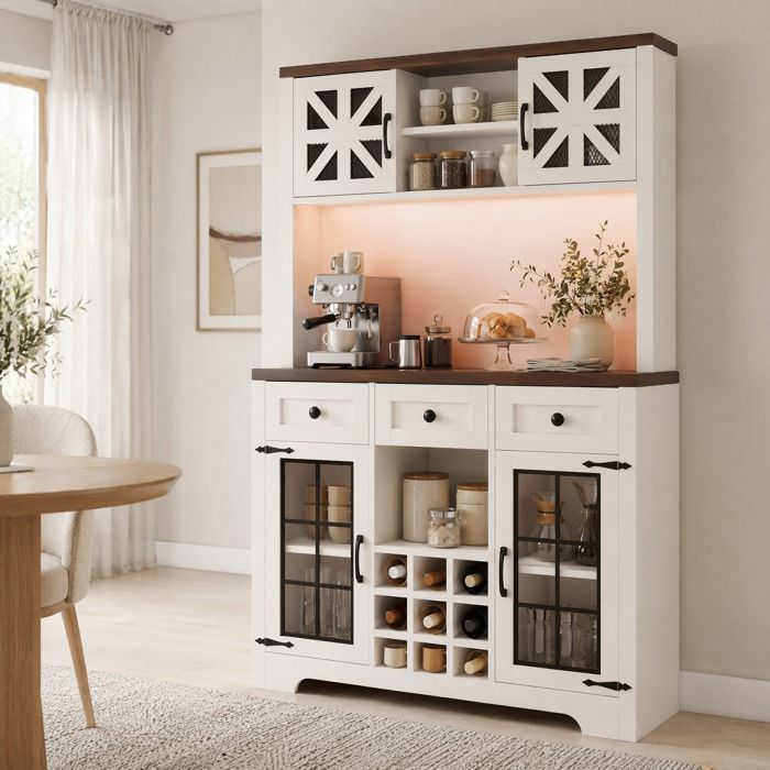 Buffet haut avec 4 portes 3 tiroirs LED et range-bouteilles - pour cuisine - en MDF et verre - 120×40×180 cm - blanc