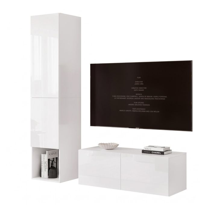 Ensemble Meuble TV ANGEL LINE V - Colonne murale - 4 portes - LED intégré - Blanc brillant