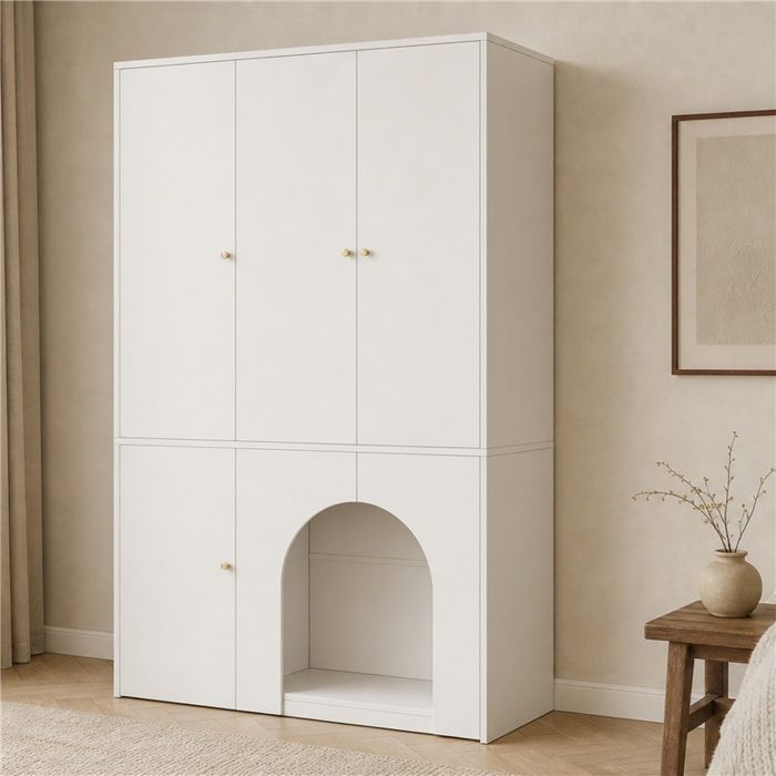 Armoire 3 portes blanche 120x50x200 cm penderie intégrée rangement chambre dressing design cintré meuble autonome Armoire 3 portes blanche 120x50x200 cm penderie intégrée rangement chambre dressing design cintré meuble autonome