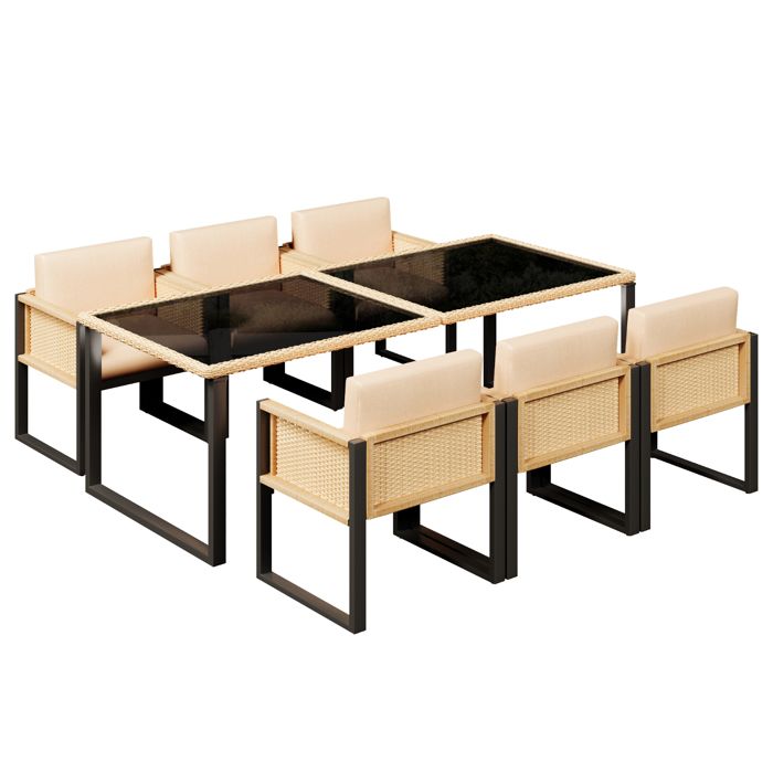 Salon de jardin repas 6 places en polyrotin avec table et fauteuils housses en tissu amovibles et lavables pour extérieur Salon de jardin repas 6 places en polyrotin avec table et fauteuils housses en tissu amovibles et lavables pour extérieur