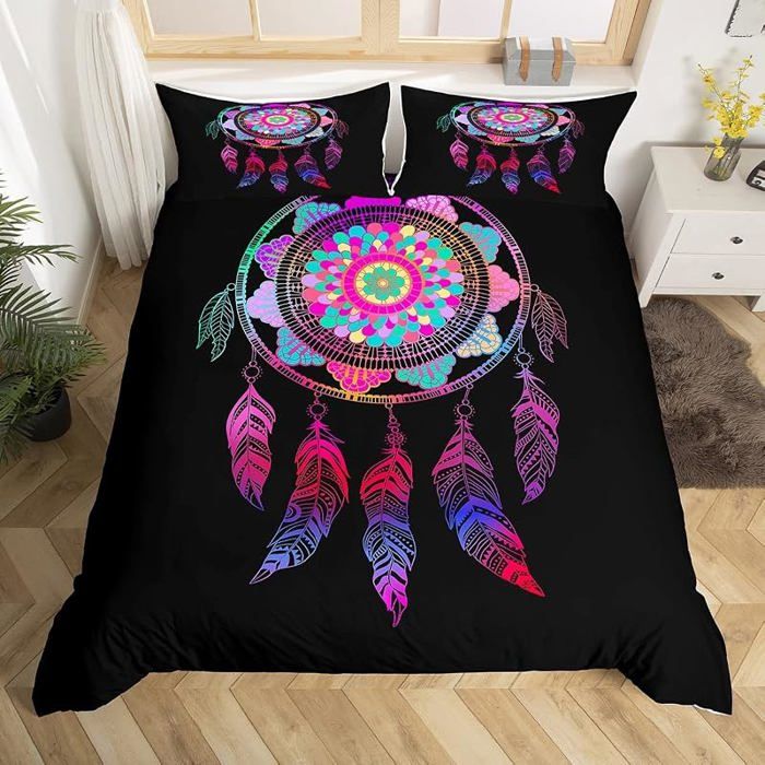 Parure de Lit 220x240 cm Fille Femme Housse de Couette Attrape Rêves Bohème Motif Plumes Mandala Coloré Microf PARURE DE COUETTE