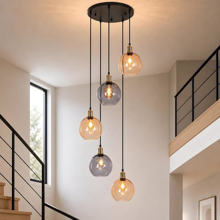 HOMEFIRE - Suspension 5 Boules en Verre 160 cm Luminaire Réglable Noir Mat et Laiton pour Escalier Salon Salle à Manger