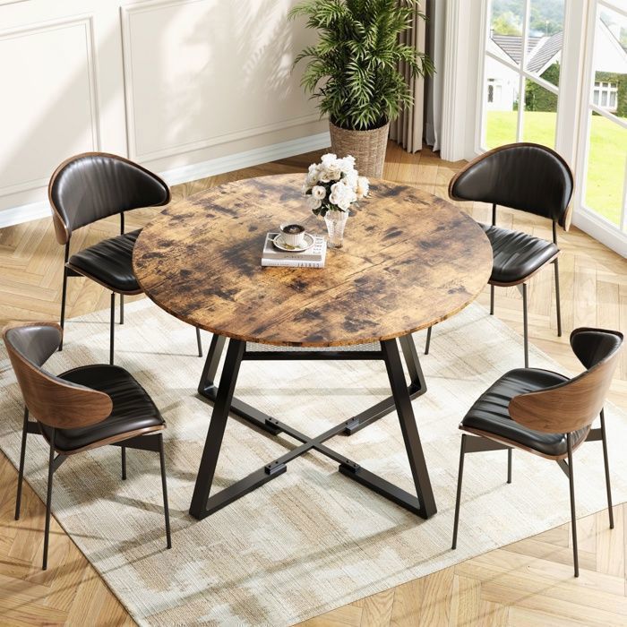 Table à manger ronde 120 cm en bois pour 4 à 6 personnes - COZIFOME - avec 1 Étagères en maille - pour salle à manger/salon Marron