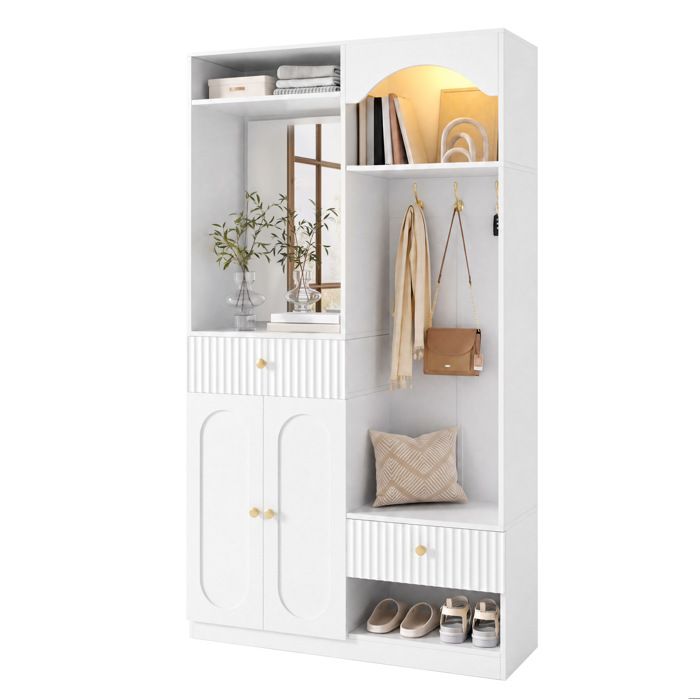 Meuble d’entrée – Vestiaire avec miroir pleine longueur banc crochets LED multicolore – Blanc MDF