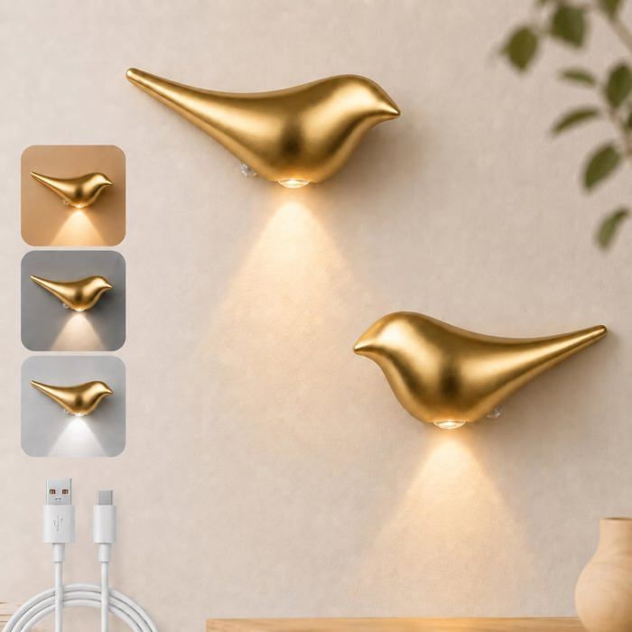 Applique-Murale-LED Design-Oiseau Détecteur-de-Mouvement et-Batterie-1200mAh - Éclairage sans-Fil Magnétique pour-Chambre et-Salon