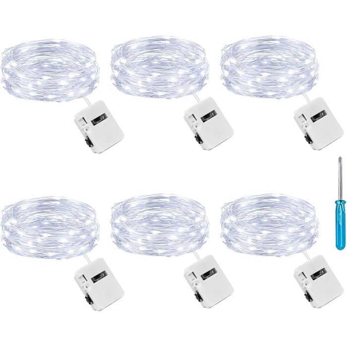 Lot de 6 Petite Guirlande Lumineuse a Pile avec 3 Modes 2M 20 LED IP65 Étanche pour Interieur Chambre Mariage Fête Noël - Blanc
