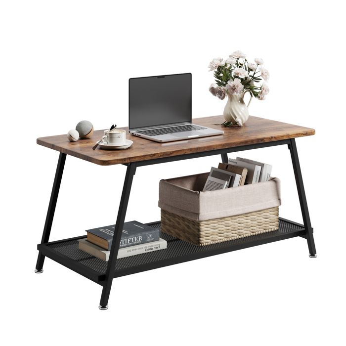 Table basse industrielle 2 niveaux - Métal et bois - Pieds ajustables -100 x 50 x 48 cm - Vintage