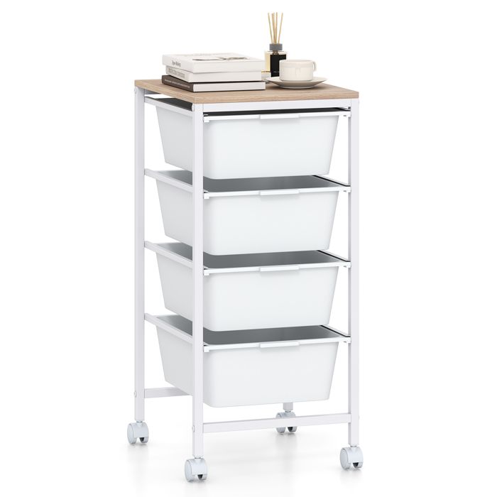 Chariot/Tour de Rangement COSTWAY 4 Tiroirs - à Roulettes Cadre Métal pour Cuisine Salon Bureau Blanc