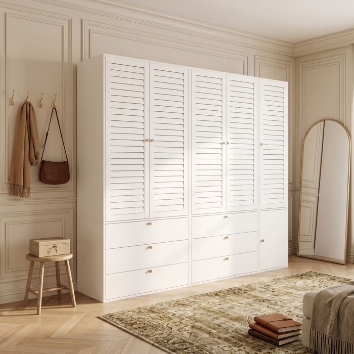 ULEVR Armoire blanche 5 portes persiennées 6 tiroirs 3 tringles et porte-pantalons 225 x 50 x 200 cm