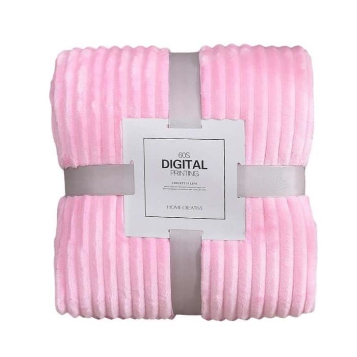 Couverture - Flanelle - 180x200 cm - Microfibre - Rose clair - Texture rayée