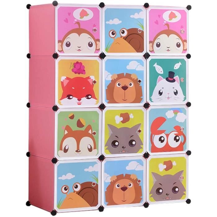 Armoire penderie à vêtements plastique pour enfants - Rose - 12 espaces de rangement avec portes colorées