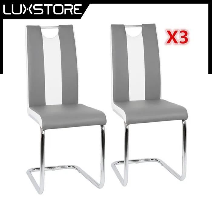 Chaise salle à manger cuisine Gris Similicuir - LUXS - Lot de 6 - Pieds en métal - Siège 48.5cm