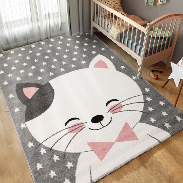 Tapis De Chambre Denfant Chat Et Etoiles Gris Blanc Rose 160x230 Cm
