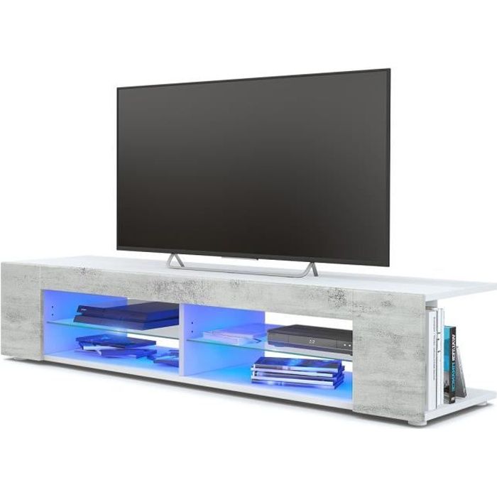 Vladon Meuble TV Movie en Blanc mat - Aspect Béton Oxyde avec LED en Bleu Vladon Meuble TV Movie en Blanc mat - Aspect Béton Oxyde avec LED en Bleu