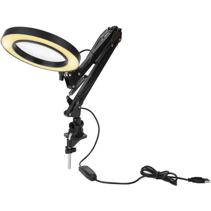 Lampe Loupe 15X Avec Bras Pivotant Et Pince - Lentille Verre 11cm - 5 Couleurs LED, 10 Niveaux Luminosité - Pour Lecture, Bricolage, Artisanat