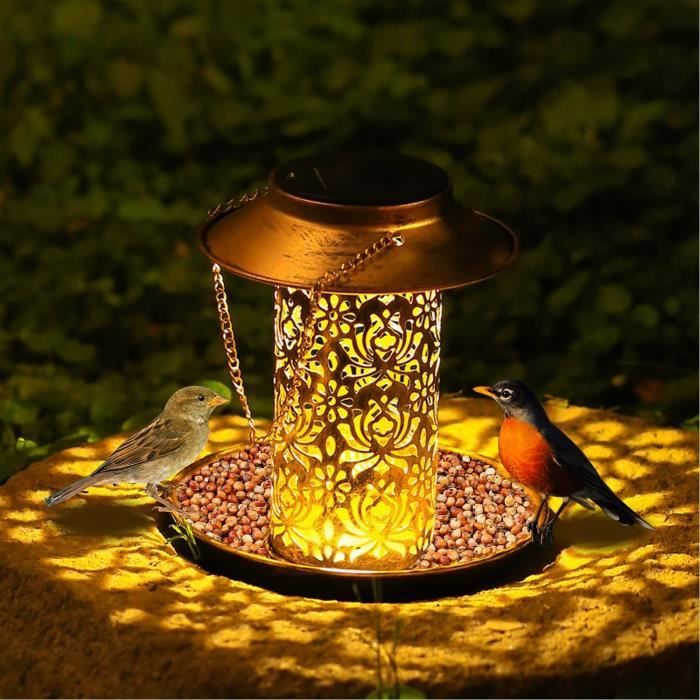 Mangeoires solaires à oiseaux en cuivre robuste à suspendre avec lampe solaire  pour oiseaux sauvages, décoration d'extérieur de jardin et de cour (grand)  : : Terrasse et Jardin