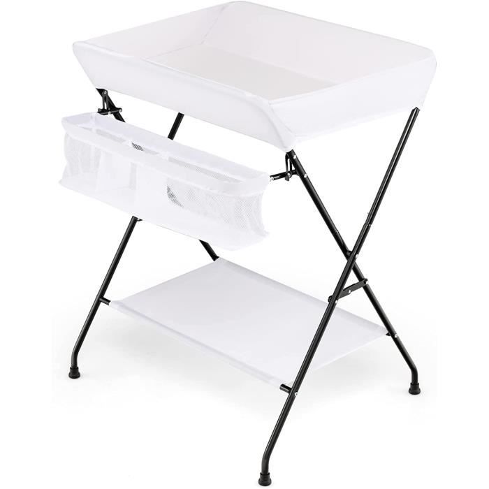 Table à Langer Pliable Rose – 2 Tiroirs Tissu, Panier Latéral, Tringle, Hauteur Réglable, Roulettes Verrouillables – Meuble Bébé Multifonction 75×68×83-91 Cm