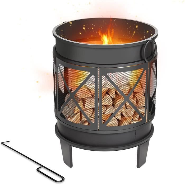 Gardebruk Brasero Hexagonal En Acier Imitation Rouille - Grand Feu Extérieur Avec Grille Anti-Étincelles, Tisonnier Et Bâche Protection