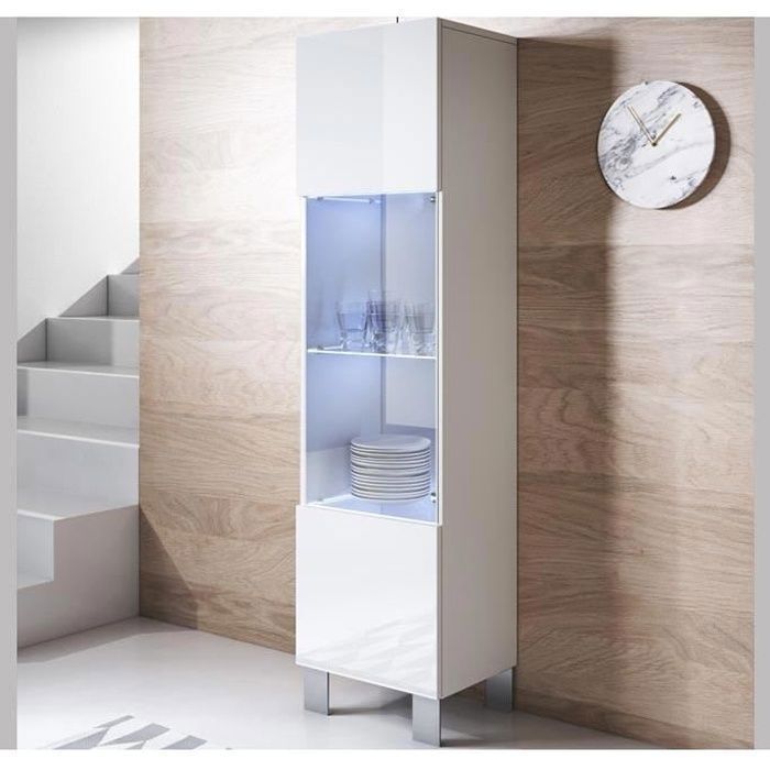 Design Ameublement - Vitrine Armoire LED LUKE V6 Sur pieds aluminium - 1 porte - Blanc Brillant - 40x177x29cm