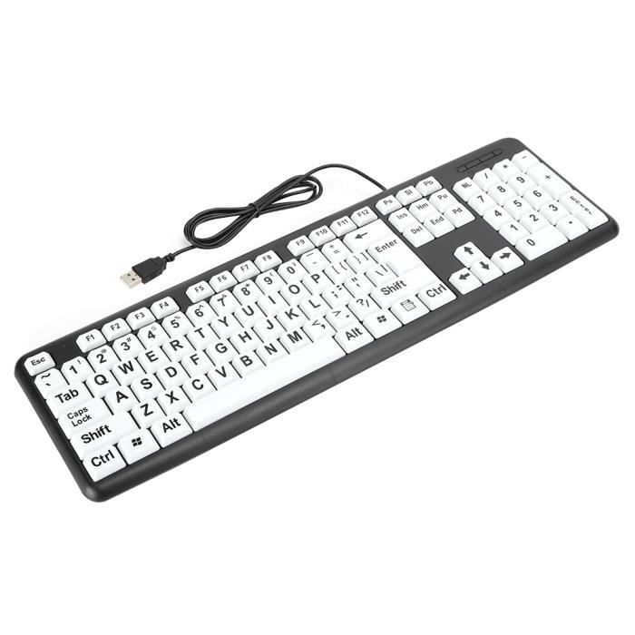 ZJCHAO Clavier à gros caractères Clavier Noir Basse Vision Clavier USB Filaire de Personnes Âgées avec Touches Blanches à Gros