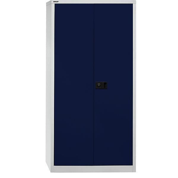 bisley armoire à portes battantes universal - 4 tablettes galvanisées, 5 hauteurs de classeurs profondeur 400 mm, gris clair / bleu