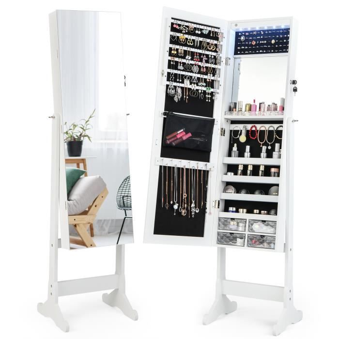 COSTWAY Armoire à Bijoux Verrouillable sur Pieds avec Miroir Pleine Longueur 4 Angles Réglables et Lumière LED Intégrée Blanc