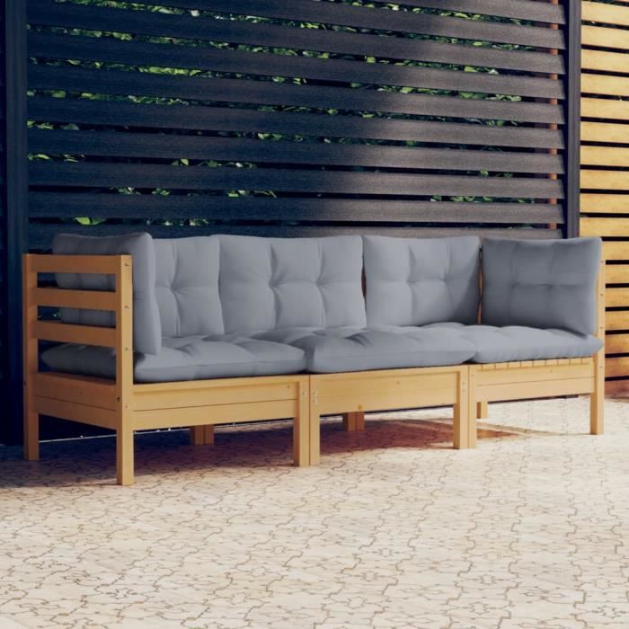 canapé de jardin famirosa 3 places en bois de pin solide et coussins gris - modulaire et confortable