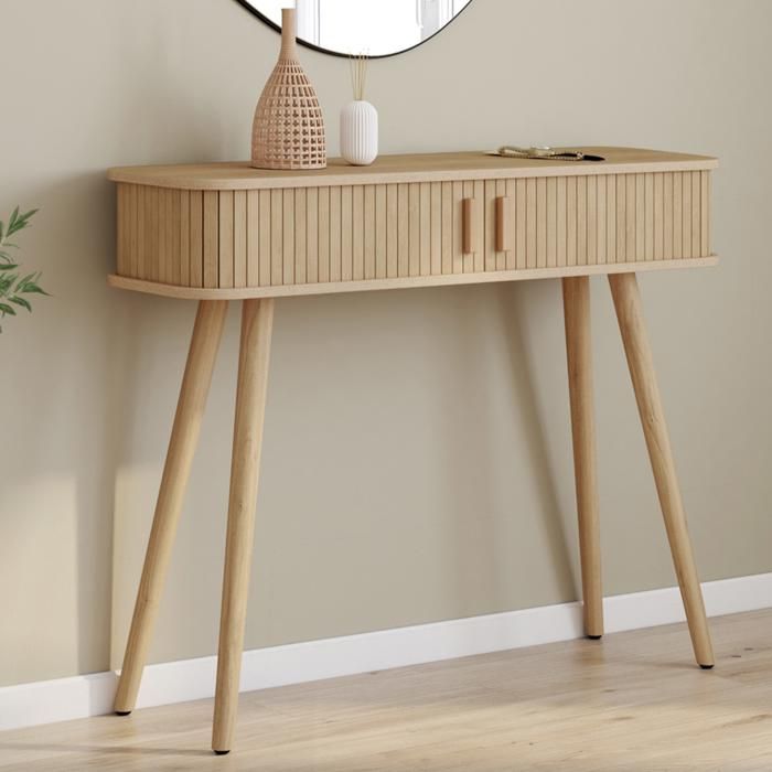 IDMARKET Console 2 portes coulissantes ROMIE lattes tasseau bois coloris chêne IDMARKET Console 2 portes coulissantes ROMIE lattes tasseau bois coloris chêne
