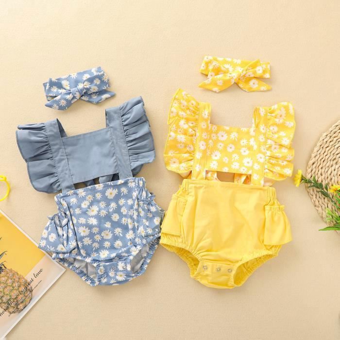 Ensemble Bébé Fille LUVCES 3 Pièces - Barboteuse Volants + Pantalon Marguerite + Bandeau - 0-18 Mois, Coton Doux